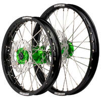 Axiom 17/14 Black/Green Wheels Set + Discs for Kawasaki KX85 2001-2024