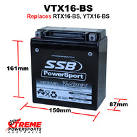 SSB 12V 340CCA 14AH VTX16-BS Kawasaki VN1500 VN 1500 Classic 1996-1999 V-Spec AGM Battery RTX16-BS