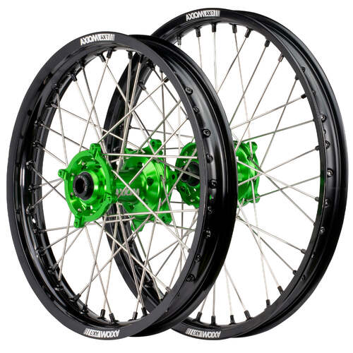 Axiom 21/18 Black/Green Wheel Set w/ Black Nipples for Kawasaki KX125 2006-2008