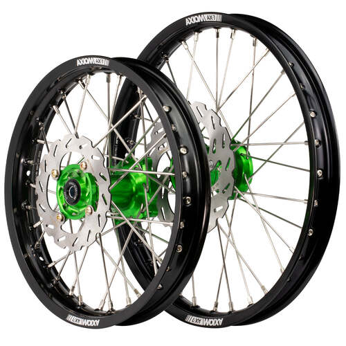 Axiom 17/14 Black/Green Wheels Set + Discs for Kawasaki KX85 2001-2024