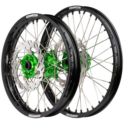 Axiom 21/18 Black/Green Wheels Set + Discs for Kawasaki KX250X 2021-2024