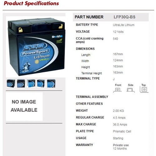 SSB 12V 540 CCA LFP30Q-BS BMW R100 RS RT MONOLEVER 1986-1993 Lithium Battery YIX30L VRLA