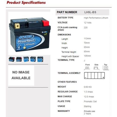 SSB 12V 220 CCA LH5L-BS KTM 530 EXC-R 2008-2009 SSB Lithium Battery