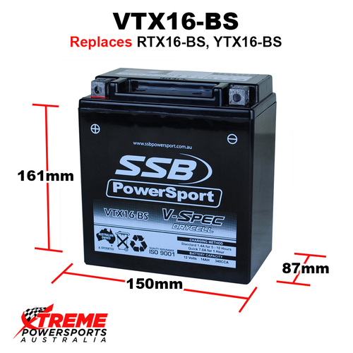 SSB 12V 340CCA 14AH VTX16-BS Kawasaki VN1500 VN 1500 Classic 1996-1999 V-Spec AGM Battery RTX16-BS