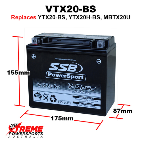 SSB 12V 400CCA 18AH VTX20-B Arctic Cat TBX700 TBX 700 2012-2017 AGM Battery YTX20-BS