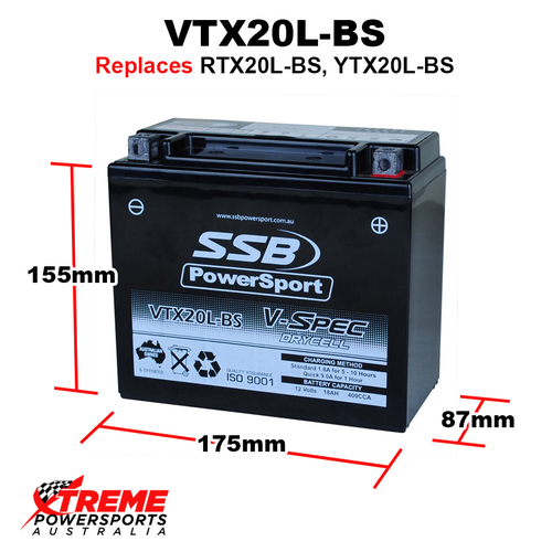 SSB 12V 400CCA 18AH VTX20L-BS Can Am Outlander MAX 650 STD 4x4 2007-2009,2011-2014 AGM Battery YTX20L-BS