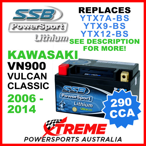 SSB 12V 290 CCA Kawasaki VN900 Vulcan Classic 2006-14 LFP14H-BS Lithium Battery